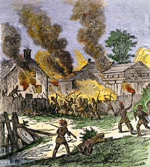 The King Philip's War between the Indians and the English settlers between 1675 and 1676 in New England: destruction of the colonial village of Brookfield, Massachusetts burned by the Indians of America in 1675. Colourful engraving of the 19th century.