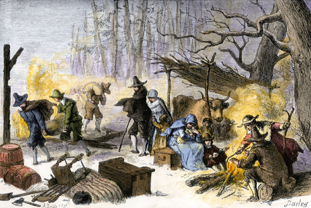 History of the settlers and the conquete of the West: American pioneers. English Puritans arriving on Cape Cod lands in winter. Colourful engraving of the 19th century.