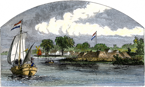 United States, State of Connecticut: Dutch boat crossing Fort Good Hope near the shores of Connecticut of Long Island Sound, years 1600. Colour engraving of the 19th century.
