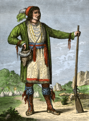 Indian of America: Portrait of Osceola (1804-1838), leader of the Seminoles tribe in Florida, beginning of the 19th century. Colour engraving of the 19th century.