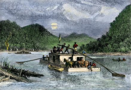 Flatboat (Flat boat) to pioneer descending the Ohio River, 19th century. Colour engraving of the 19th century.