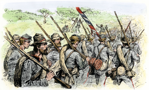 Secession War (1861-1865): Confeders' troops en route. Coloured engraving of the 19th century.
