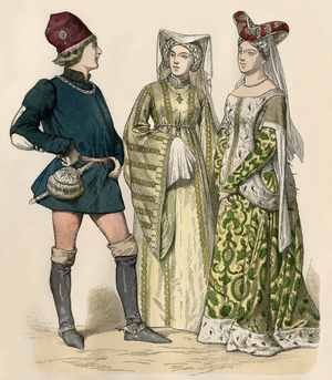 Court costume in England around 1400 - Court dress in England about 1400. Antique hand-colored print
