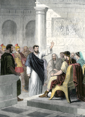 Interrogation of apostle Paul by Procurator Festus defending himself before King Herode Agrippa II (27-93). Colour engraving of the 19th century