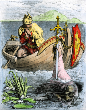 Myths and legends: King Arthur receiving the magic sword by the Fee Viviane (or Lady of the Lake). Colourful engraving of the 19th century.