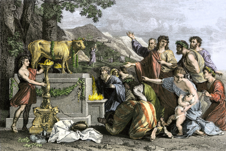 Old Testament: Adoration of the golden calf by the Israelites after fleeing Egypt. Colouring engraving of the 19th century.