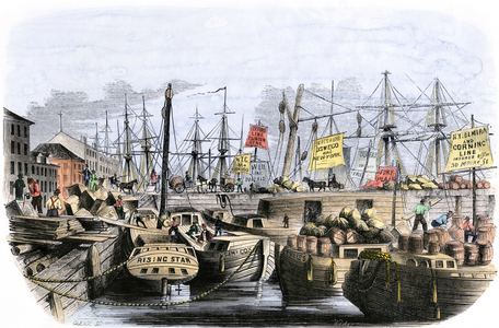 United States, New York City: Canal boat Erie boats anchor in the Hudson River years 1850. Colour engraving of the 19th century