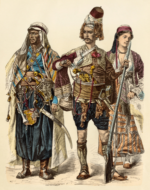 Traditional costumes of the Middle East: Maronite of Lebanon (left), military Zeibek weapon, and Lebanese Catholic woman. Colour engraving of the 19th century.