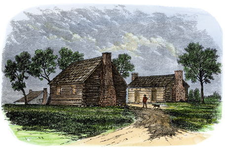 The first residence of Andrew Jackson (1767-1845), on the border between North and South Carolina, United States. Colour engraving of the 19th century.