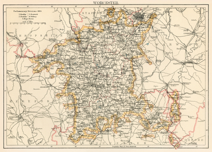 Map of the Earl of Worcester (England), circa 1870. 19th century lithography.