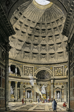 World of Antiquity: Interior of the Pantheon, Roman Empire, ancient Rome. Colourful engraving of the 19th century.