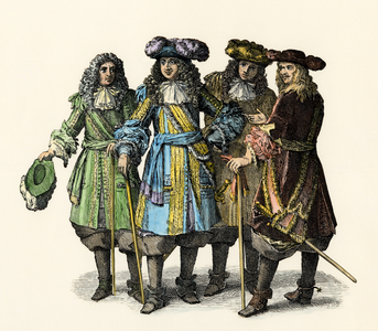 Louis XIV and the officers of his court in Versailles - Louis XIV and officers of his court at Versailles, 1600s. Hand-colored woodcut