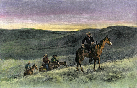 Sheriff's posse pursuing a suspect, western frontier, 1800s - Hand-colored woodcut of a 19th century illustration