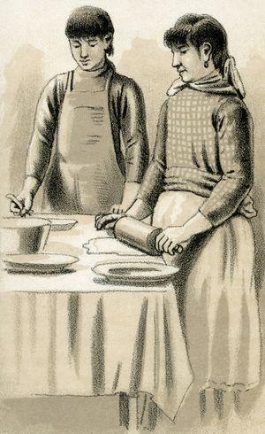Cooking class of the Indian school of Chemawa, in Salem (Oregon, USA), circa 1880 - Duotone reproduction of a 19th century illustration - Cooking class at Chemawa Indian School in Salem, Oregon, 1880s - Printed duotone reproduction of a 19th-century illustration