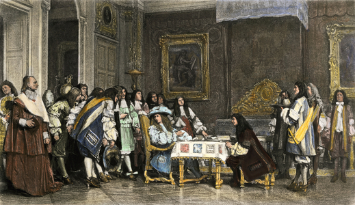 King Louis XIV (1638-1715) received comedian and playwright Jean Baptiste Poquelin dit Moliere (1622-1673) during a breakfast in the presence of the court at the castle of Versailles. Colored engraving after a painting.