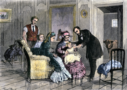 Vaccination: vaccine by a doctor against smallpox during the outbreak of 1870. Colour engraving of the 19th century.