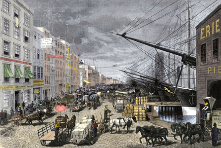 United States, New York: merchant ship unloading cargo at South Street, New York City, years 1870. Colour engraving of the 19th century.