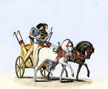 Ancient Egypt: Char pulls by two horses. Lithography reproducing a low relief.