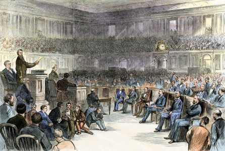 Counting of contested electoral votes in 1876 in the presidential elections Tilden-Hayes, February 1877. The American presidential election of 1876 saw the election, with a vote of great elector, of the Republican Rutherford Hayes against the democrat Samuel Tilden, who had obtained an absolute majority of the votes of the citizens. This election was obtained only after litigation. The acceptance by the democrats of the election of Hayes was probably the price to pay for the Republicans to put an end to the reconstruction, and thus to the placing under guardianship of the southern states. Colour engraving of the 19th century.