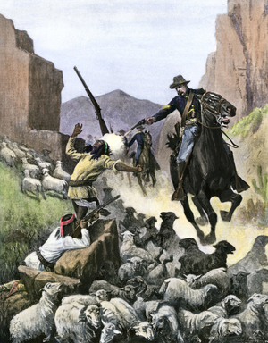 American horse soldier killing an apache who kept sheep in the Canyon. Colourful engraving of the 19th century. Colourful engraving of the 19th century.