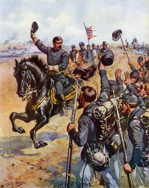 US Civil War, 1861-1865: George Brinton McClellan (1826-1885) encouraging Union troops at the Battle of Antietam, 1862. Engraving of the 19th century.