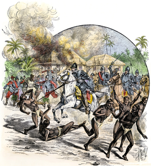 Discovery of the New World (Discovery of America): Spaniards burned houses, burned and captured New World Indians in the 16th century. English killing and capturing New World natives after conquest by Columbus. Colour engraving of the 19th century