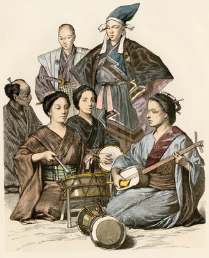 Asia: traditional costumes of the population of the Asian continent. Japanese women playing music with string instruments and percussion. Colour engraving of the 19th century