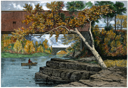 Little Falls Covered Bridge over the Passaic River, New Jersey (USA), circa 1870 - Colorised engraving 19th century - Covered bridge over the Passaic River below Little Falls, New Jersey, 1870s - Hand-colored woodcut of a 19th century illustration