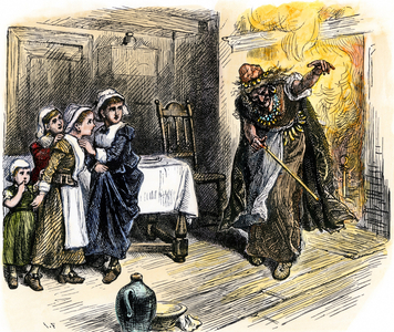 United States, Massachusetts: Titba telling witch tales to the children of Salem, years 1690. Flowing engraving of the 19th century