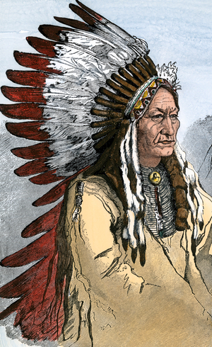 Portrait of Sitting Bull or Indian name Thathanka Iyothanka or Tatanka Yotanka or Tatanka Iyotake (“Sitting Taurus” or “Rest Taurus”, 1831-1890), tribal leader of the Sioux Hunkpapas and one of the main resistants facing the American army. Lithograph from 19th century illustration.