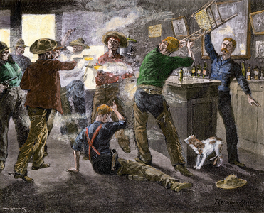 History of the West Conquete settlers: American pioneers. General fight in the Saloon of a cow boy town (cowboy or cowboy), farwest, USA. Coloured engraving after an illustration by Frederic Remington.