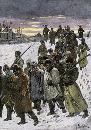 Russian detenus condemn forced labor going to the mines at night in Siberia, 1880s. Colour engraving of the 19th century
