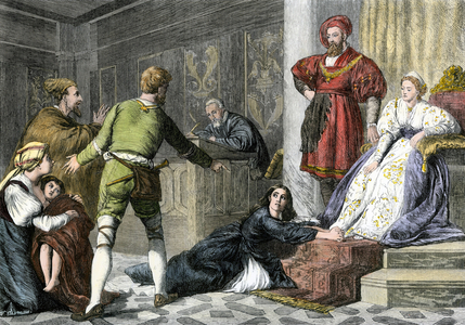 Myths and legends: the daughter of a Jew accused of witchcraft in the Middle Ages. Colour engraving of the 19th century.