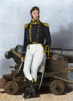 Portrait of William Bainbridge (1774-1833) Commodore of the American Navy. William Bainbridge in US Navy uniform, leaning against cannon on deck of ship. Hand-colored woodcut of a 19th-century illustration