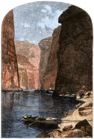 The men of the Geographic Expedition of John Wesley Powell (1834-1902) moored their boats on the banks of Colorado in the Marble Canyon (California), circa 1870 - Colorized engraving, 19th century - Powell's men mooring their boats in Marble Canyon, Grand Canyon expedition, 1870s - Hand-colored woodcut of a 19th-century illustration