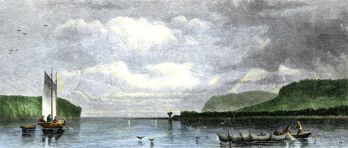 Fishing nets in the port of Munesing, Lake Superior, years 1880. Colour engraving of the 19th century.