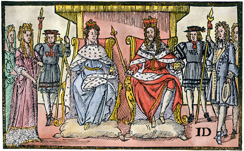 Kings William III, Prince of Orange (William III, 1650-1702) and Mary II of England (1662-1694) “The Protestants' Joy” at the head of England after the “Glorious Revolution” of 1688. Colour engraving of the 17th century.