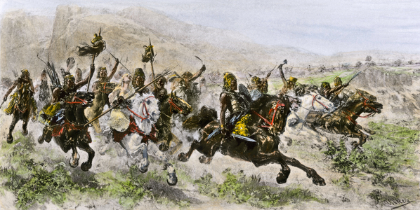 Civilization of Antiquity: Invasion of Eastern Europe by Attila King of the Huns, around 400. Colour engraving of the 19th century.