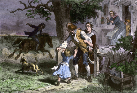 United States of America Independence War (1775-1783): Paul Revere (1735-1818) calls upon the Minutemen of Lexington to take up arms for battle, 1775. Colouring engraving from the 19th century after an illustration by Darley.