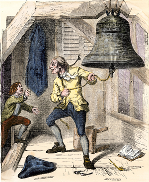 War of Independence of the United States of America (1775-1783): Bellman sounded the bell to announce the declaration of independence of the United States of America in Philadelphia on July 4, 1776. Liberty Bell is the American symbol of freedom. She became famous for her malfacon (a felure reparee several times in vain). Colourful engraving of the 19th century.