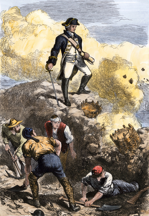 War of Independence or American Revolution (1775-1783): the defense of Bunker Hill by the Minutemen (militia of the thirteen colonies) the battle of Bunker Hill near Boston, Massachusetts, 17 June 1775, Colonel William Prescott (1726-1795) on the defence fortification of Breed's Hill. Coloured water, 19th century.