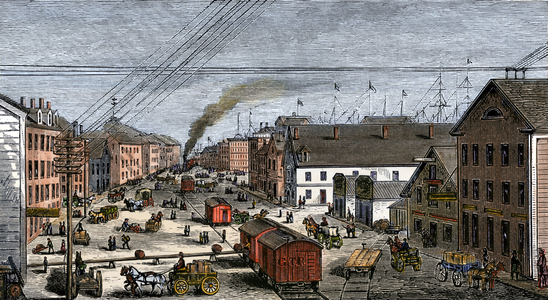 The docks and warehouses on Portland's shopping street, Maine, circa 1870. 19th century lithography.