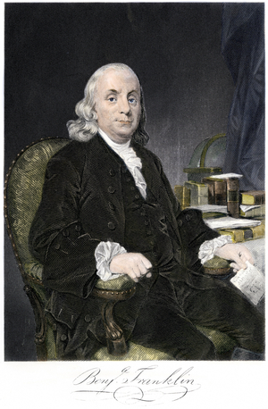Portrait of Benjamin Franklin (1706-1790) sitting with his signature. Coloring engraving of a painting by Chappel.
