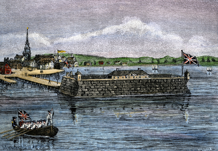 The colonial port of Boston (Massachusetts, USA), the British fort north of the city, around 1700. Lithograph from an 18th century illustration.
