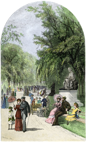 United States, New York: Spring day in the garden of Central Park years 1880. Colour engraving of the 19th century