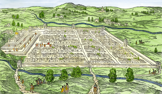 Inca city of Cuzco or Cusco (Peru) in 1556 after the Spanish conquest. Colourful engraving of the 19th century.