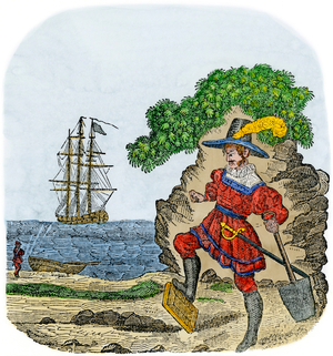 Captain Kidd or William Kidd (1645-1701), pirate of British origin, burying his Bible - Colorisee engraving 19th century - Pirate Captain Kidd burying his Bible - Hand-colored woodcut reproduction of a 19th-century illustration