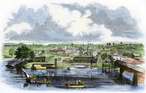 United States, State of Georgia: City of Rome seen from Coosa River, years 1850. Colour engraving of the 19th century.