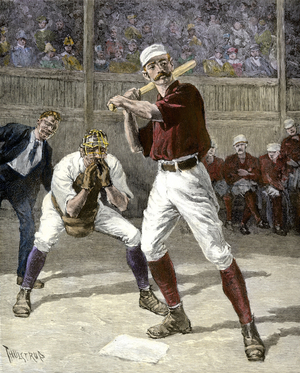 American Sport: Baseball batter waiting for the throw, 1880s. 19th century color engraving.