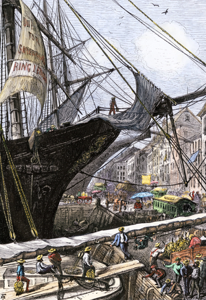 United States, New York: Sailors unloading cargo of bananas from a ship in port, 1870. Colour engraving of the 19th century.